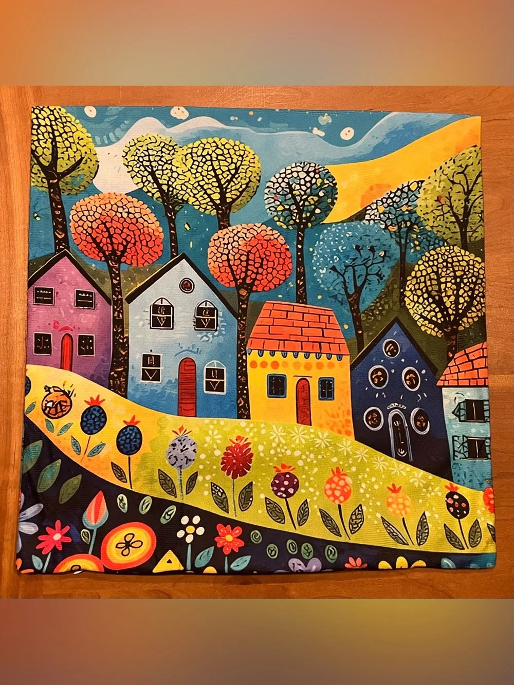 Whimsical Folk Art Colorful Village Throw Pillow Case Double Sided Cover